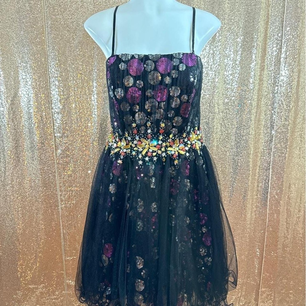 Poly USA Black Sequin Tulle Cocktail Jeweled Waist HoCo Dress NWT/Size XL